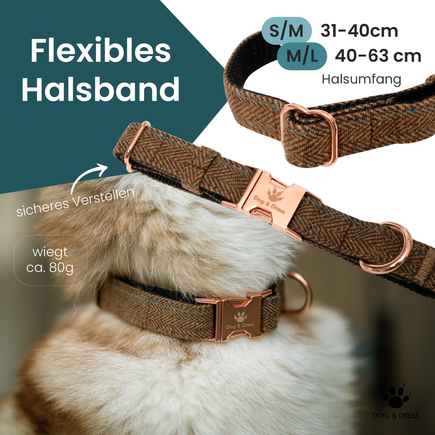 
                  
                    Hundehalsband "Argos", braun, roségold, mit Nylon verstärkt, Klickverschluss, verstellbar - Dog & Dress
                  
                
