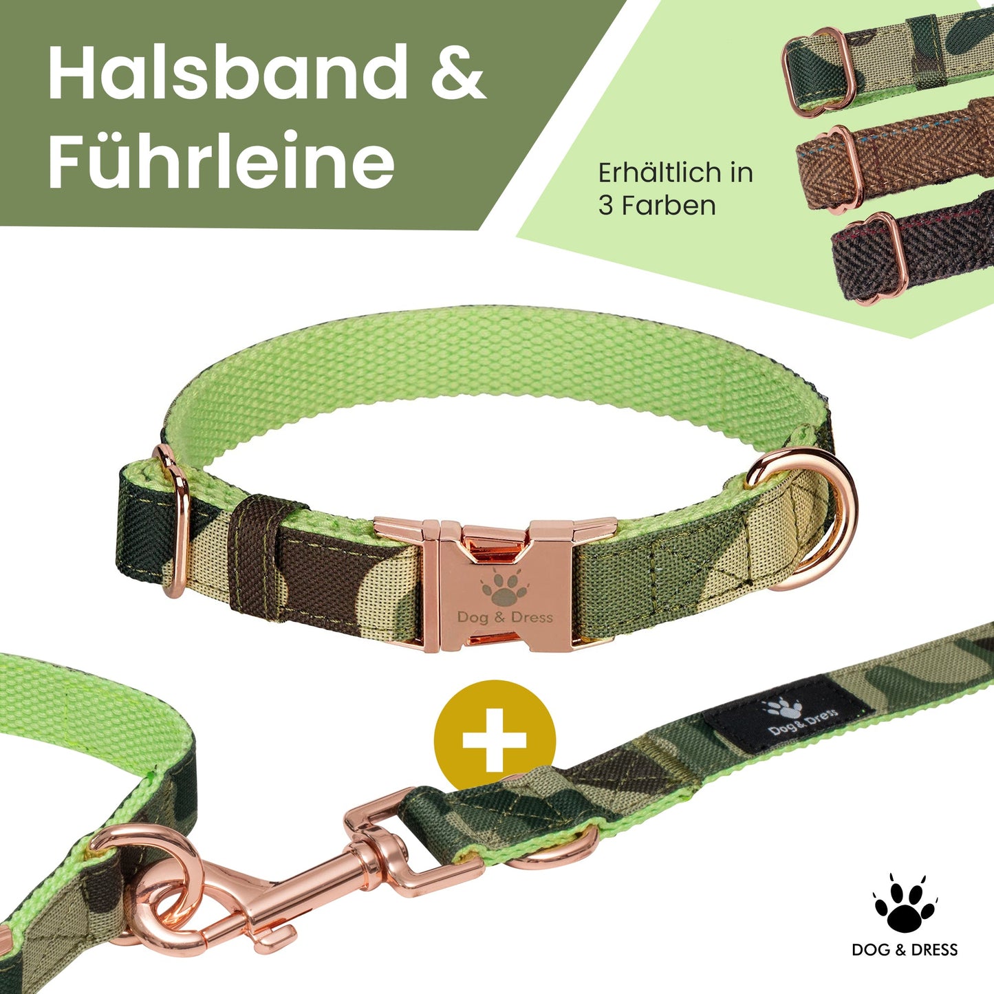 
                  
                    Hundehalsband + Leine Set "Ranger", camouflage, roségold, verstellbar inkl. Geschenkbox - Dog & Dress
                  
                